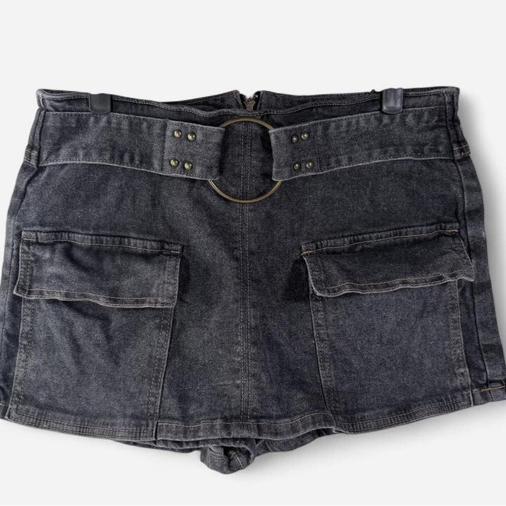 Madden NYC black washed denim skort with O-ring buckle belt, Y2K grunge vibes
